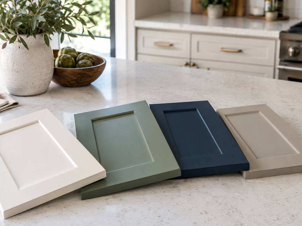 Four painted sample doors in white, sage, navy and greige on a counter.
