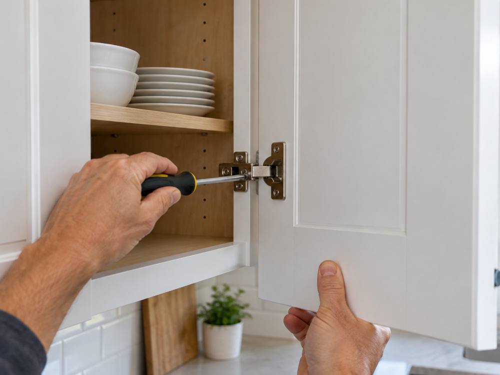 A hand holds a white cabinet door steady while a screwdriver adjusts its hinge.