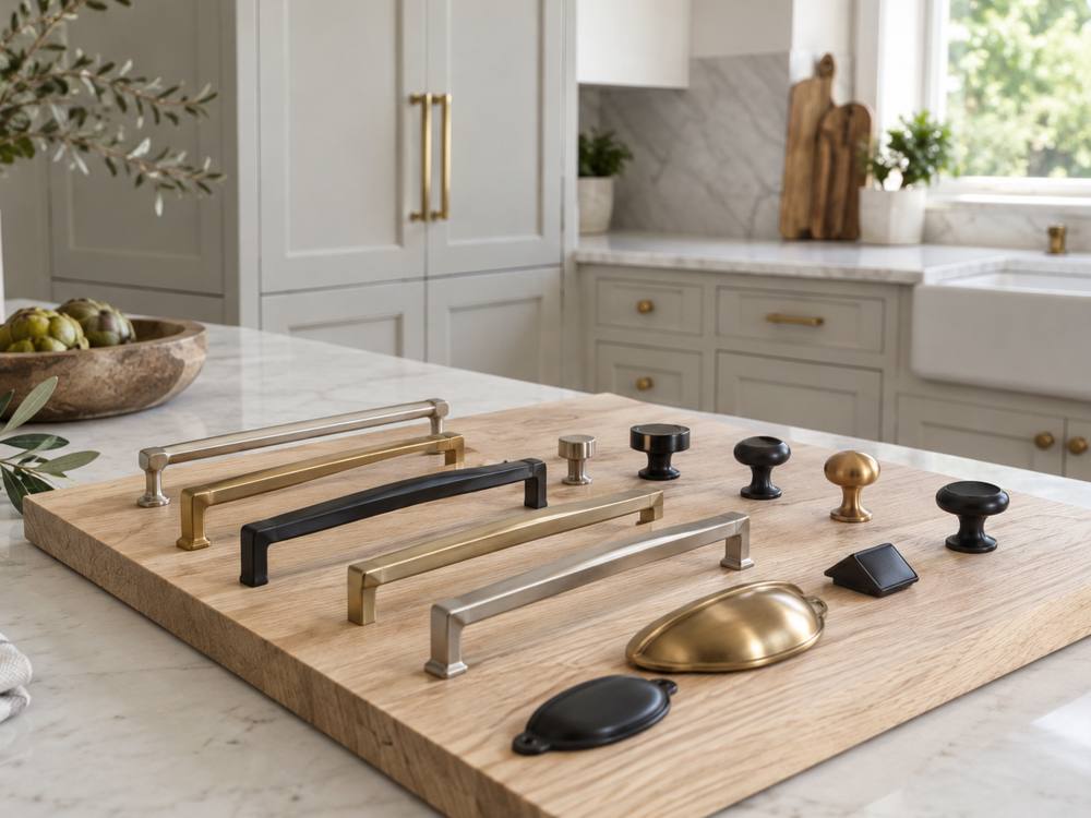 Brass, black and nickel pulls and knobs laid out on a wood board.