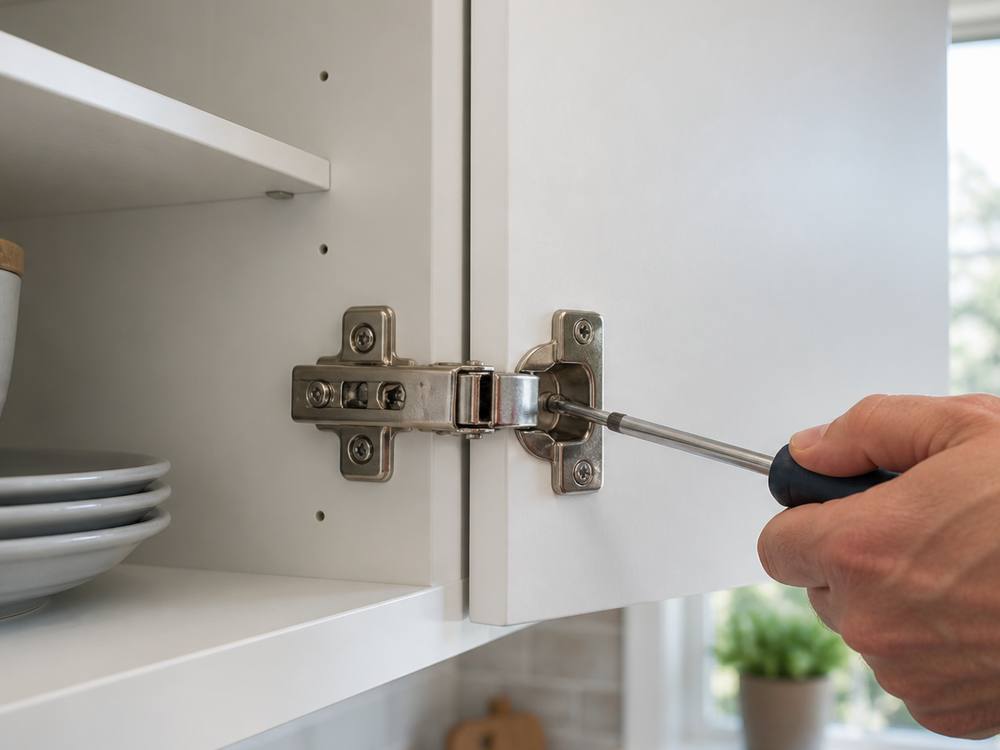 A screwdriver adjusting a concealed hinge on a white painted cabinet door.