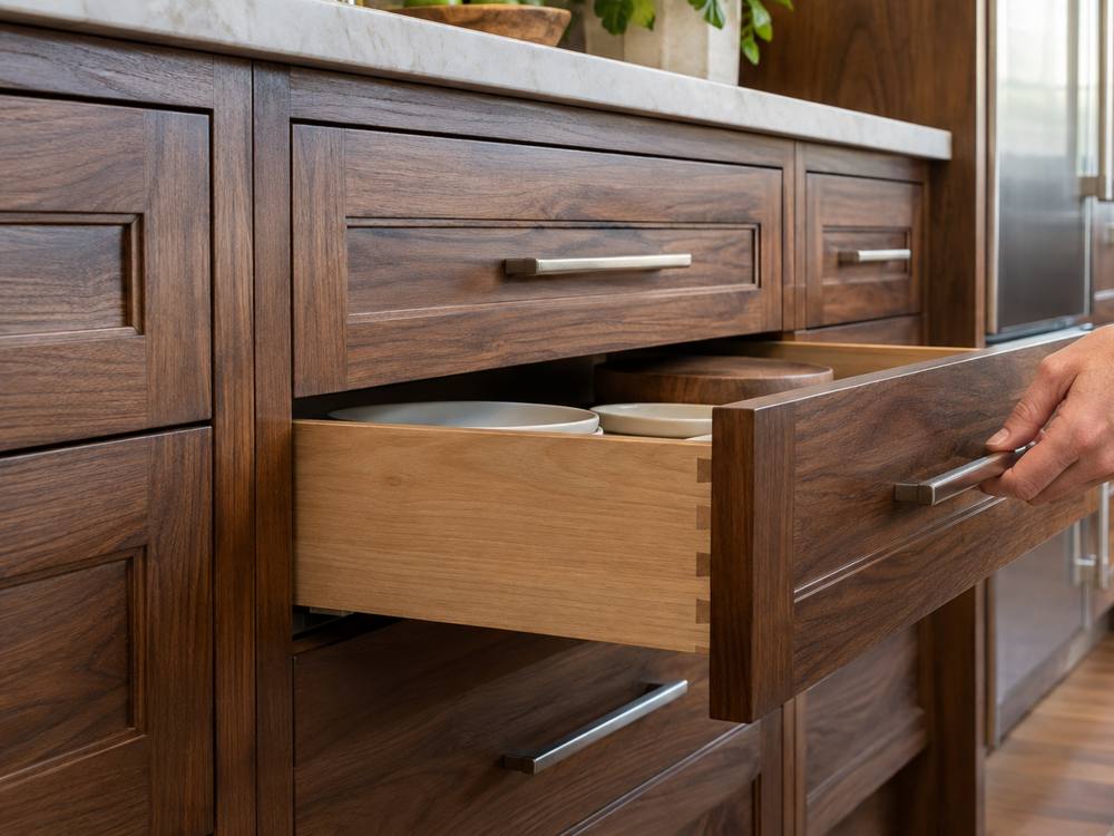 A hand pulls open a walnut drawer to show dovetail joints and brushed pulls.