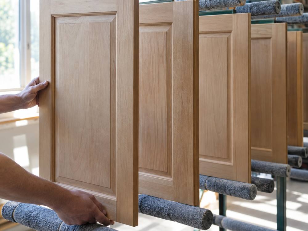 Raw oak cabinet doors held upright on a shop rack, ready for finishing.