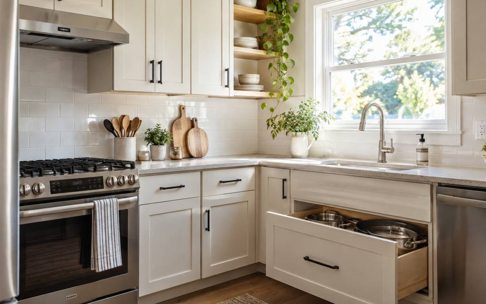 A brush cutting white paint neatly along the edge of a cabinet door.