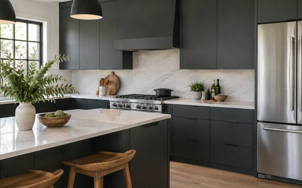 Warm greige cabinet doors photographed closely, each fitted with a brass knob.