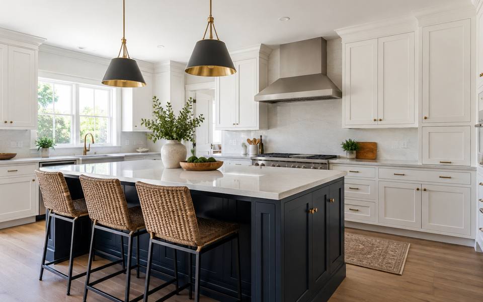 A cream cottage-style kitchen with wood countertops and painted cabinetry throughout.