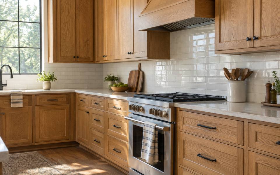 Sage green drawer fronts fitted with small brass knobs, seen up close.