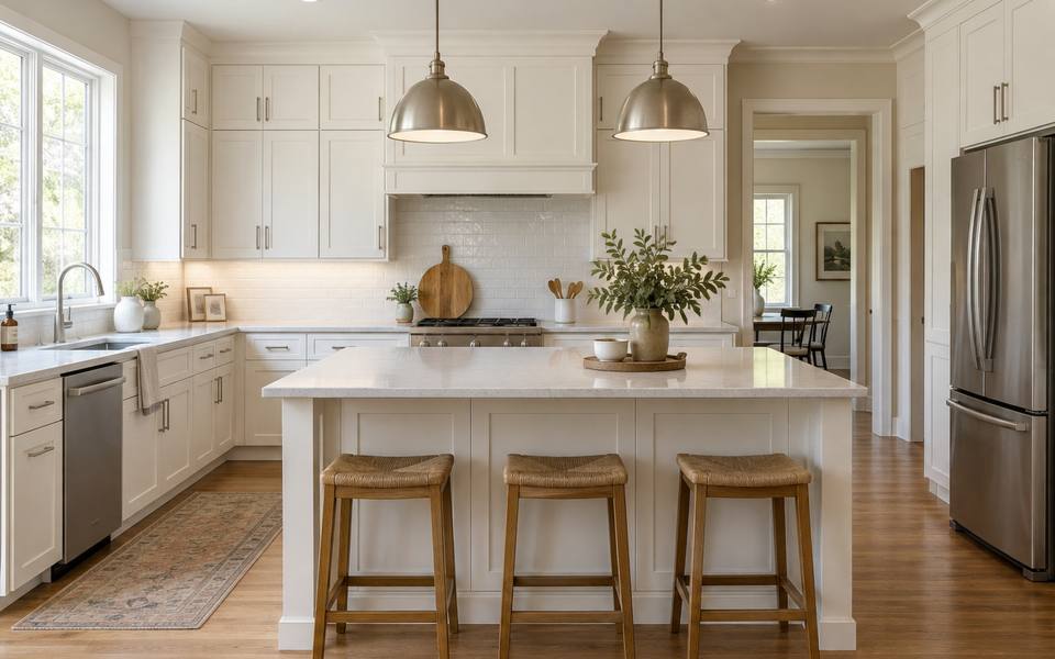 A sage green kitchen finished with brass hardware on every door and drawer.