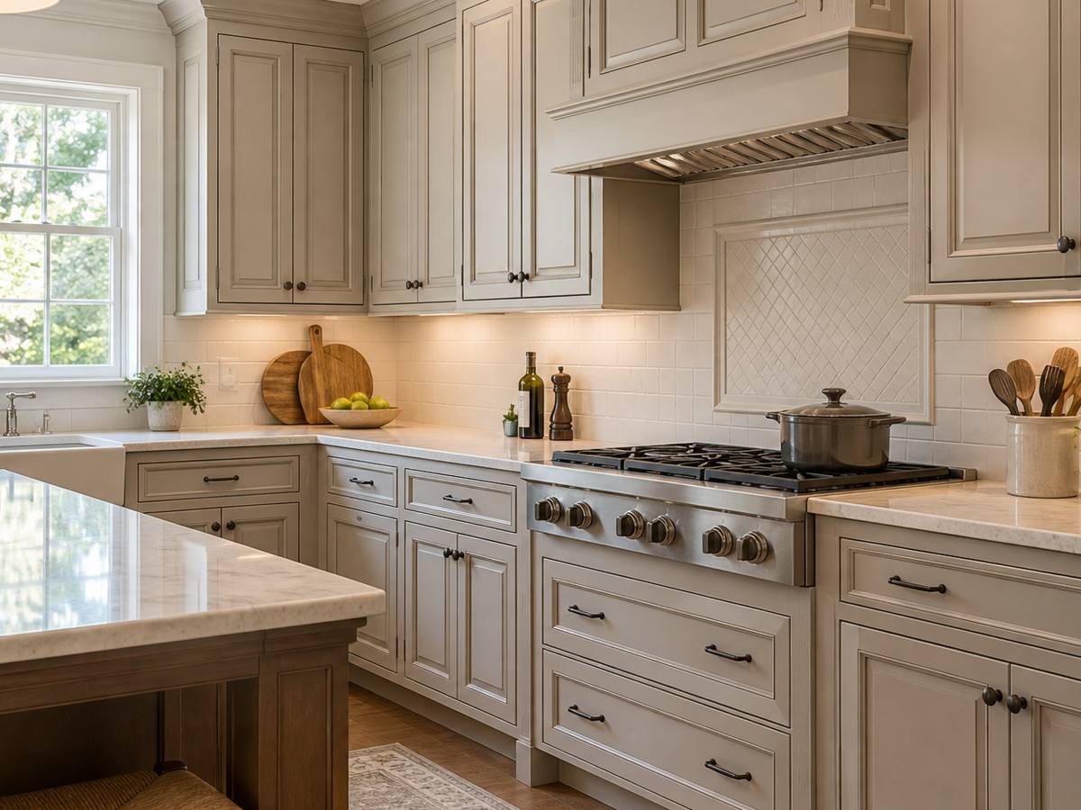 A honey maple kitchen with raised panel doors waiting to be repainted.